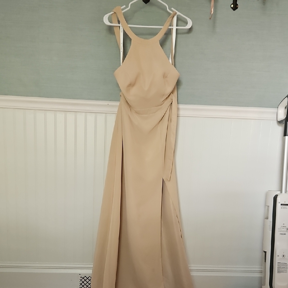 Azazie Tan Halter Slit Gown for Weddings